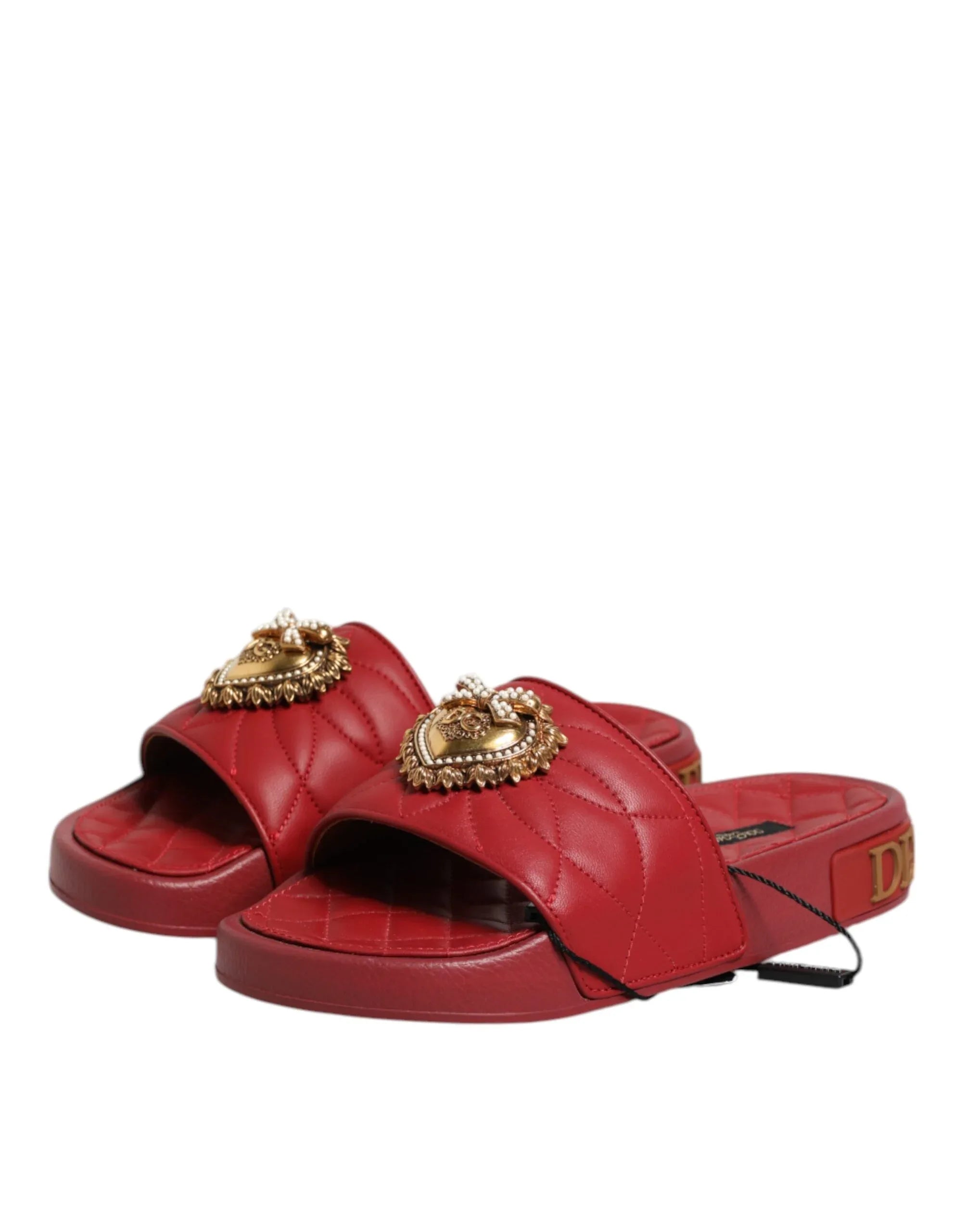 Dolce & Gabbana Red Devotion Matelassé Leather Slides Shoes - Zeiniez