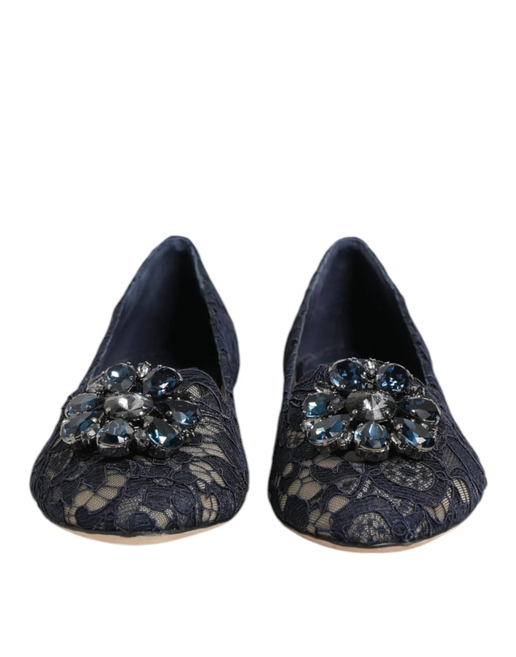 Dolce & Gabbana Blue Taormina Lace Crystals Flats Shoes - Zeiniez