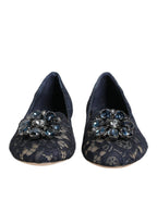 Dolce & Gabbana Blue Taormina Lace Crystals Flats Shoes - Zeiniez