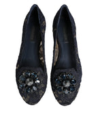 Dolce & Gabbana Blue Taormina Lace Crystals Flats Shoes - Zeiniez