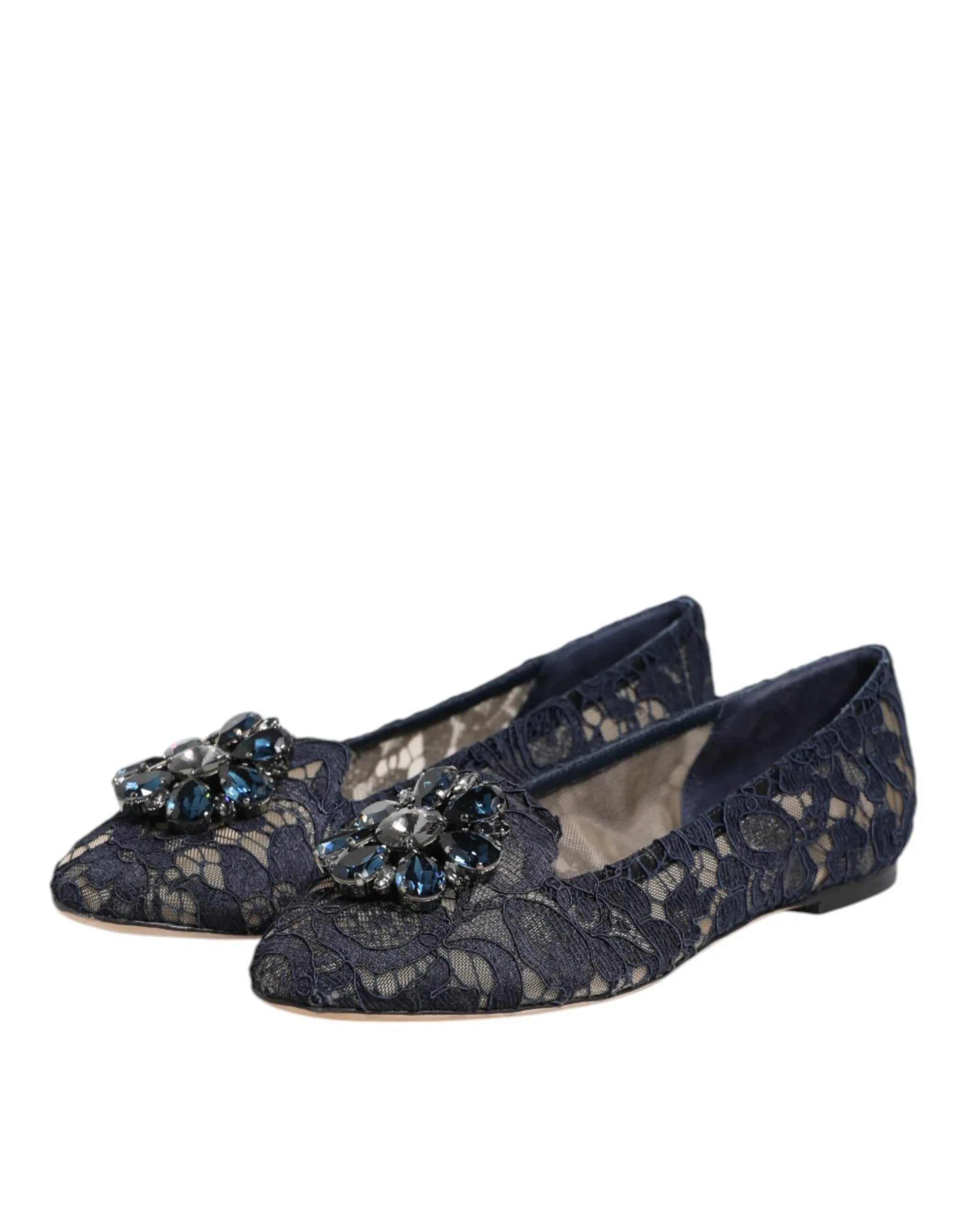 Dolce & Gabbana Blue Taormina Lace Crystals Flats Shoes - Zeiniez