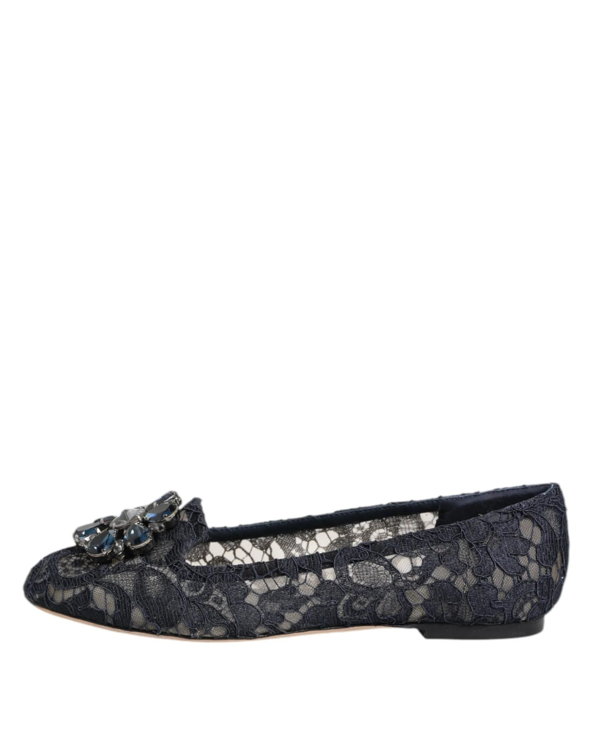 Dolce & Gabbana Blue Taormina Lace Crystals Flats Shoes - Zeiniez
