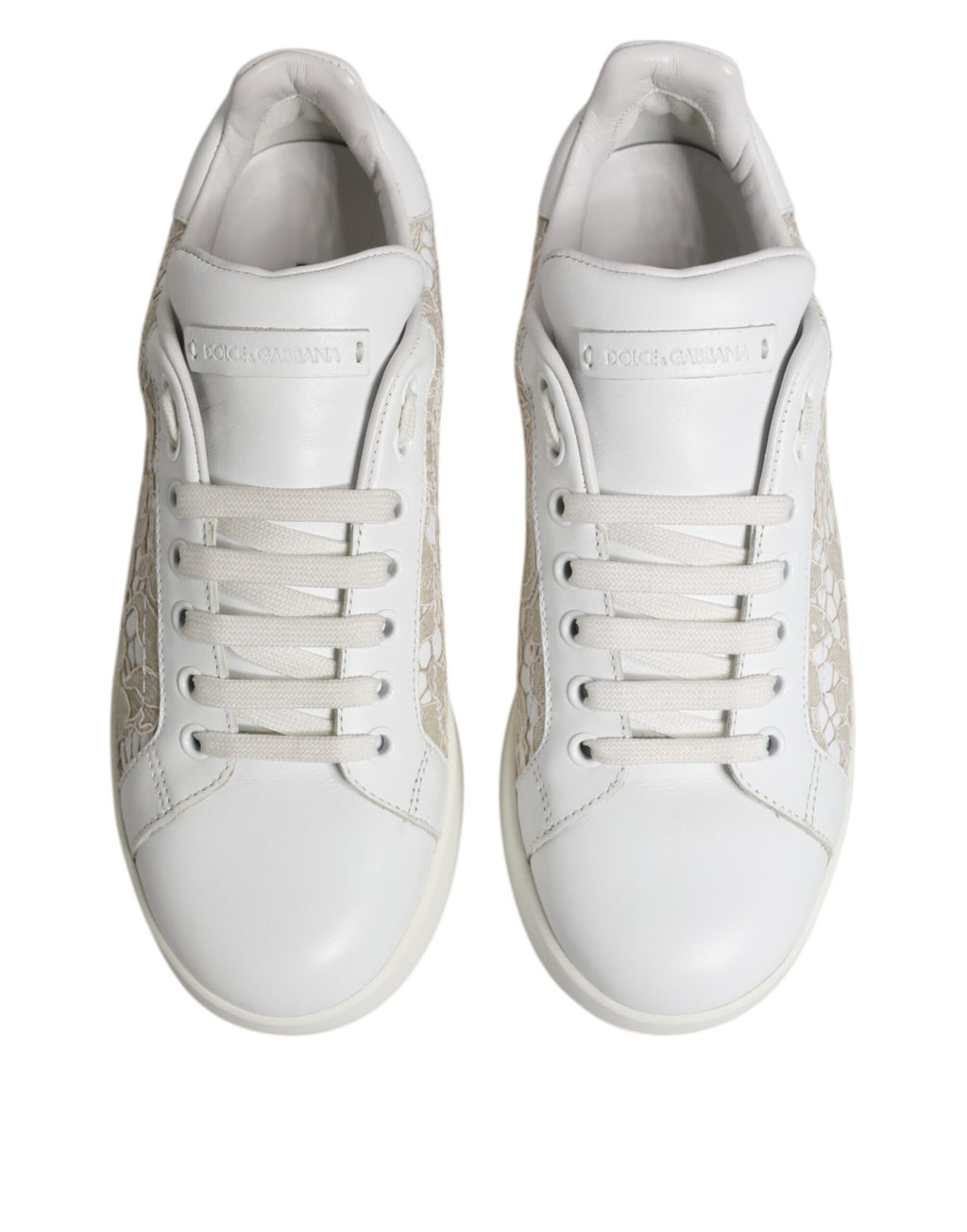 Dolce & Gabbana White Lace Leather Low Top Sneaker Shoes - Zeiniez