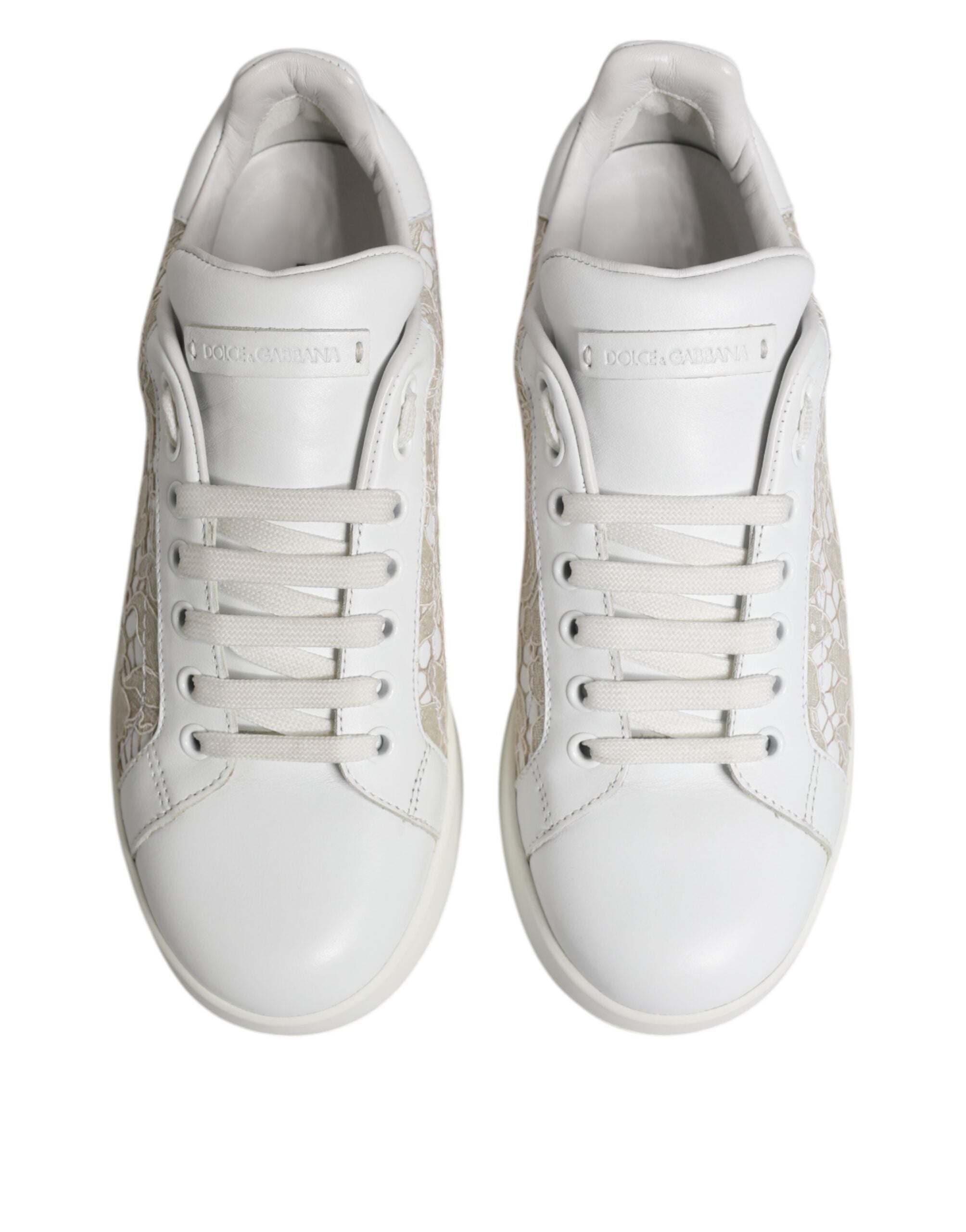 Dolce & Gabbana White Lace Leather Low Top Sneaker Shoes - Zeiniez