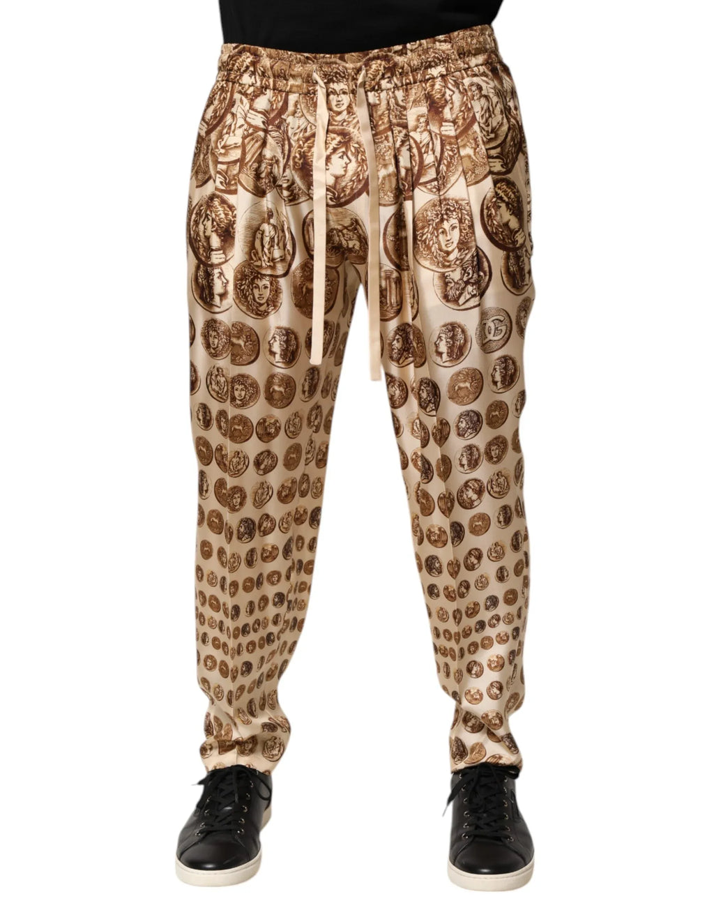 Dolce & Gabbana Beige Coin Print Silk Twill Men Jogger Pants - Zeiniez