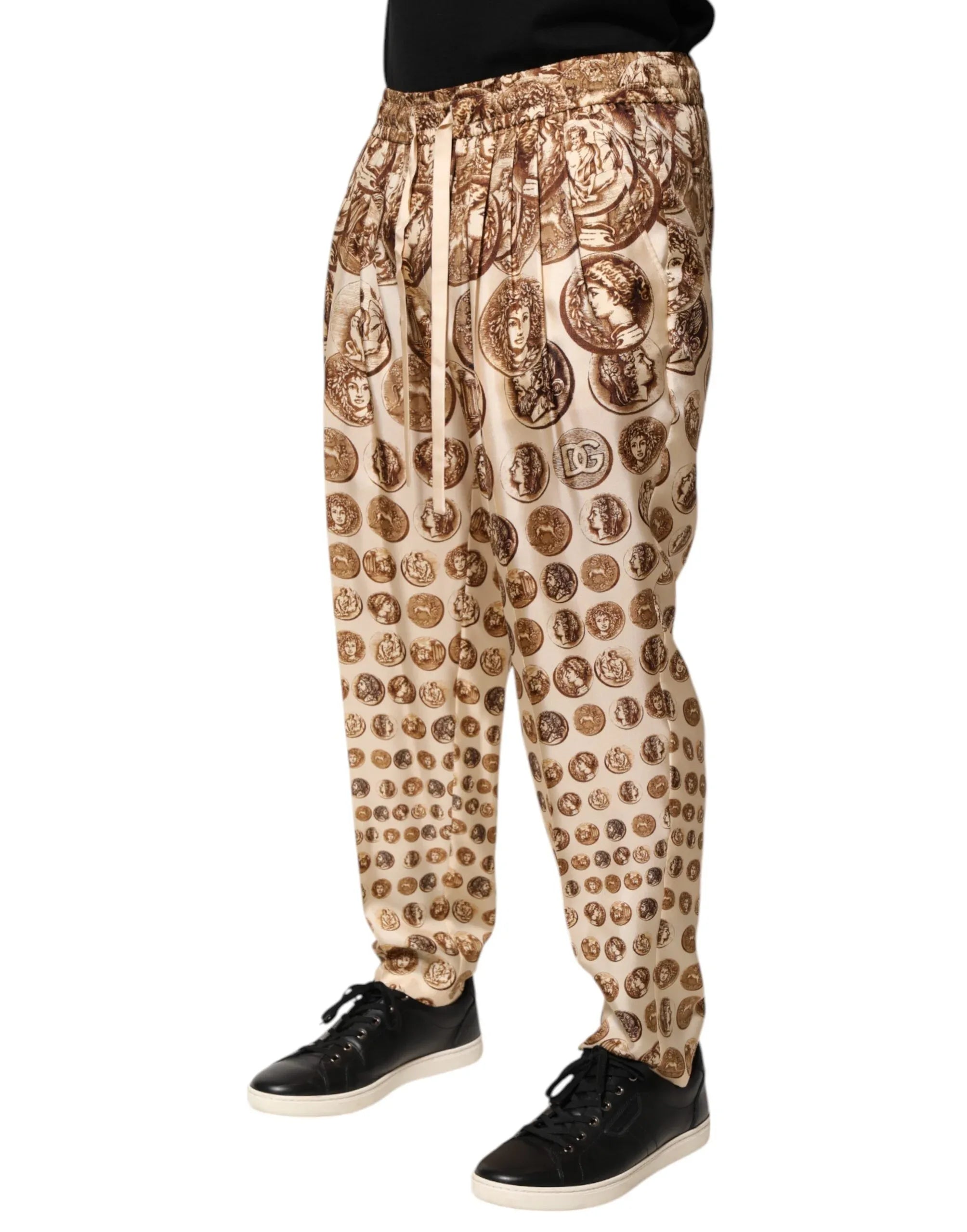 Dolce & Gabbana Beige Coin Print Silk Twill Men Jogger Pants - Zeiniez