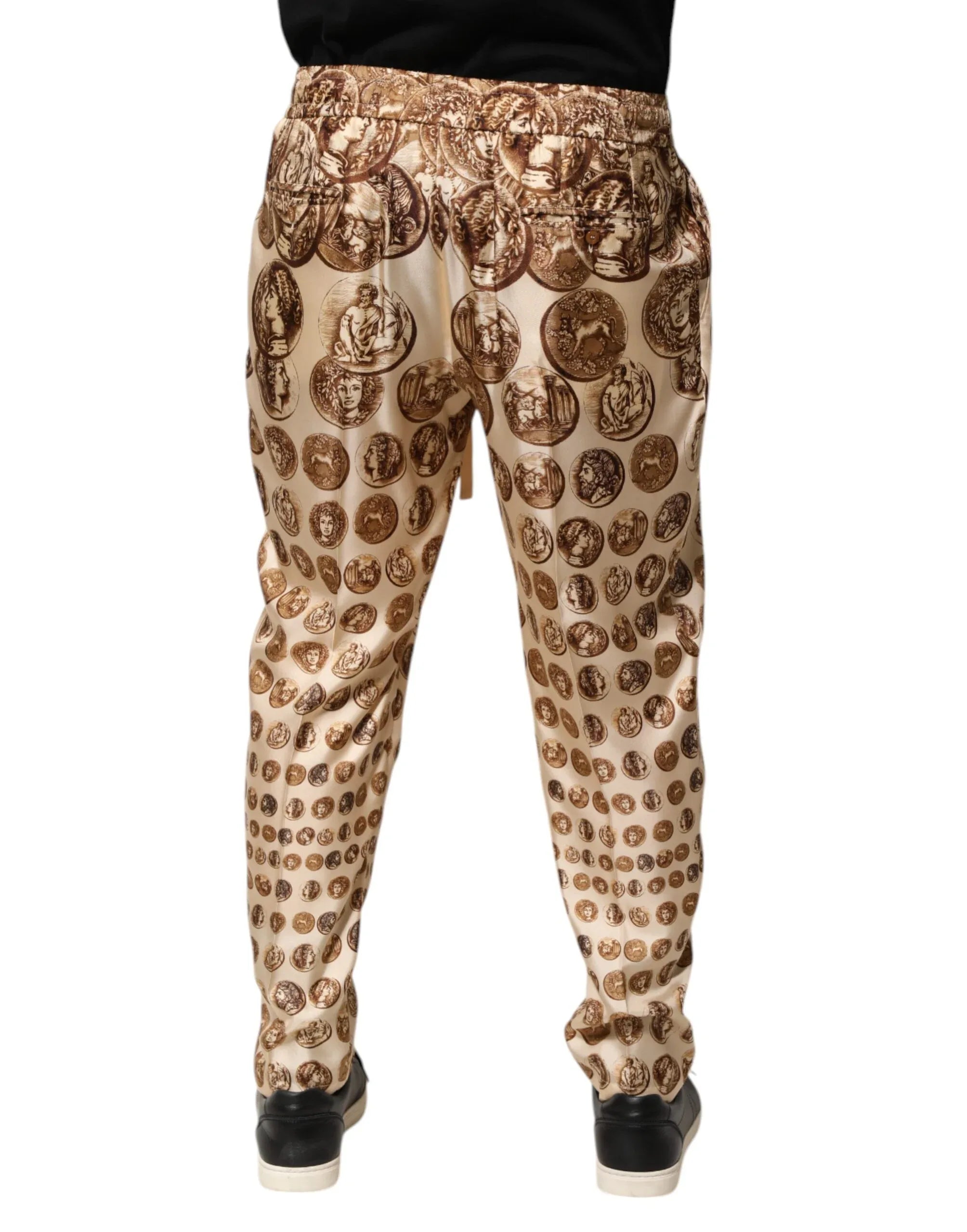Dolce & Gabbana Beige Coin Print Silk Twill Men Jogger Pants - Zeiniez