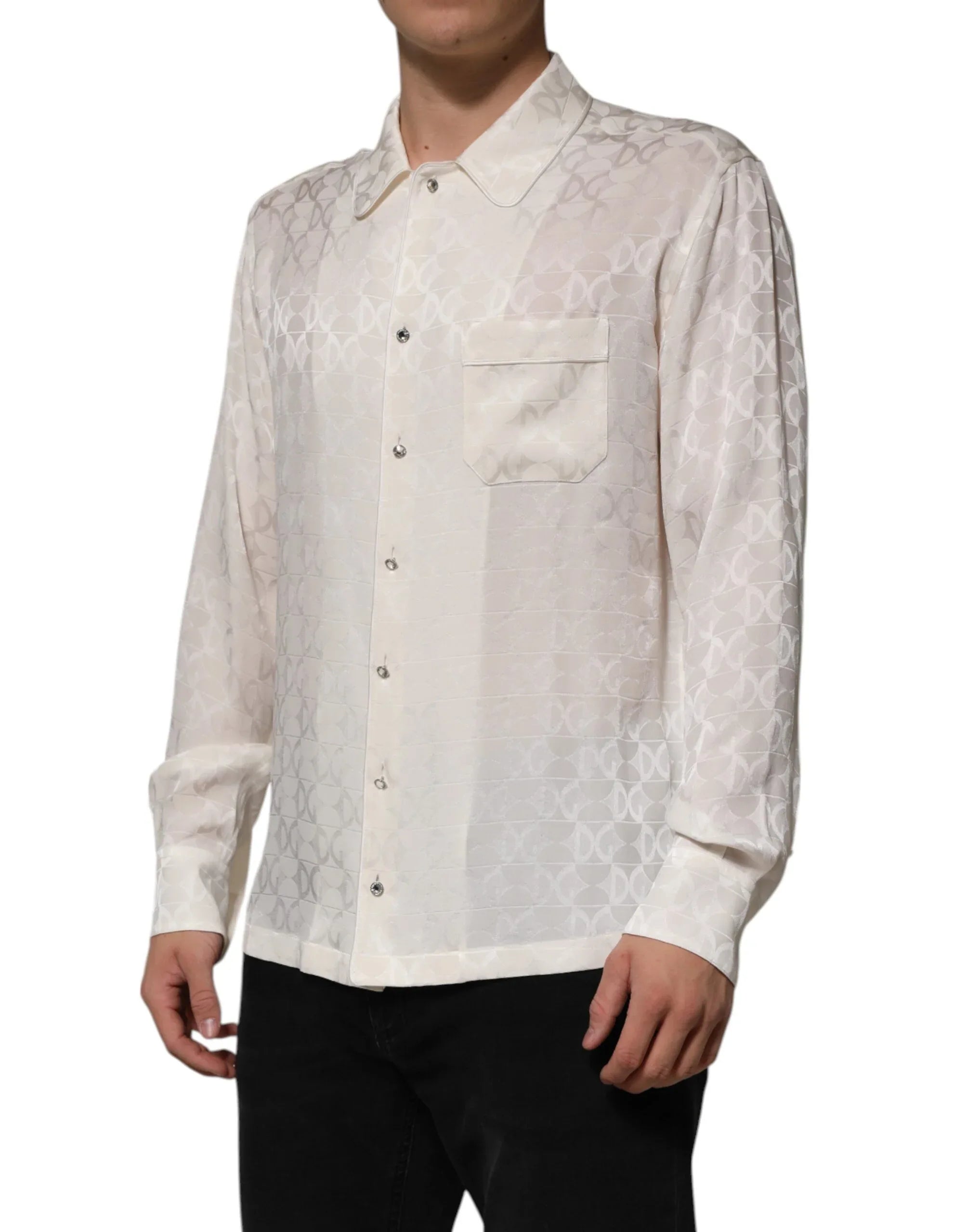 Dolce & Gabbana White Silk DG Logo Print Long Sleeves Shirt - Zeiniez