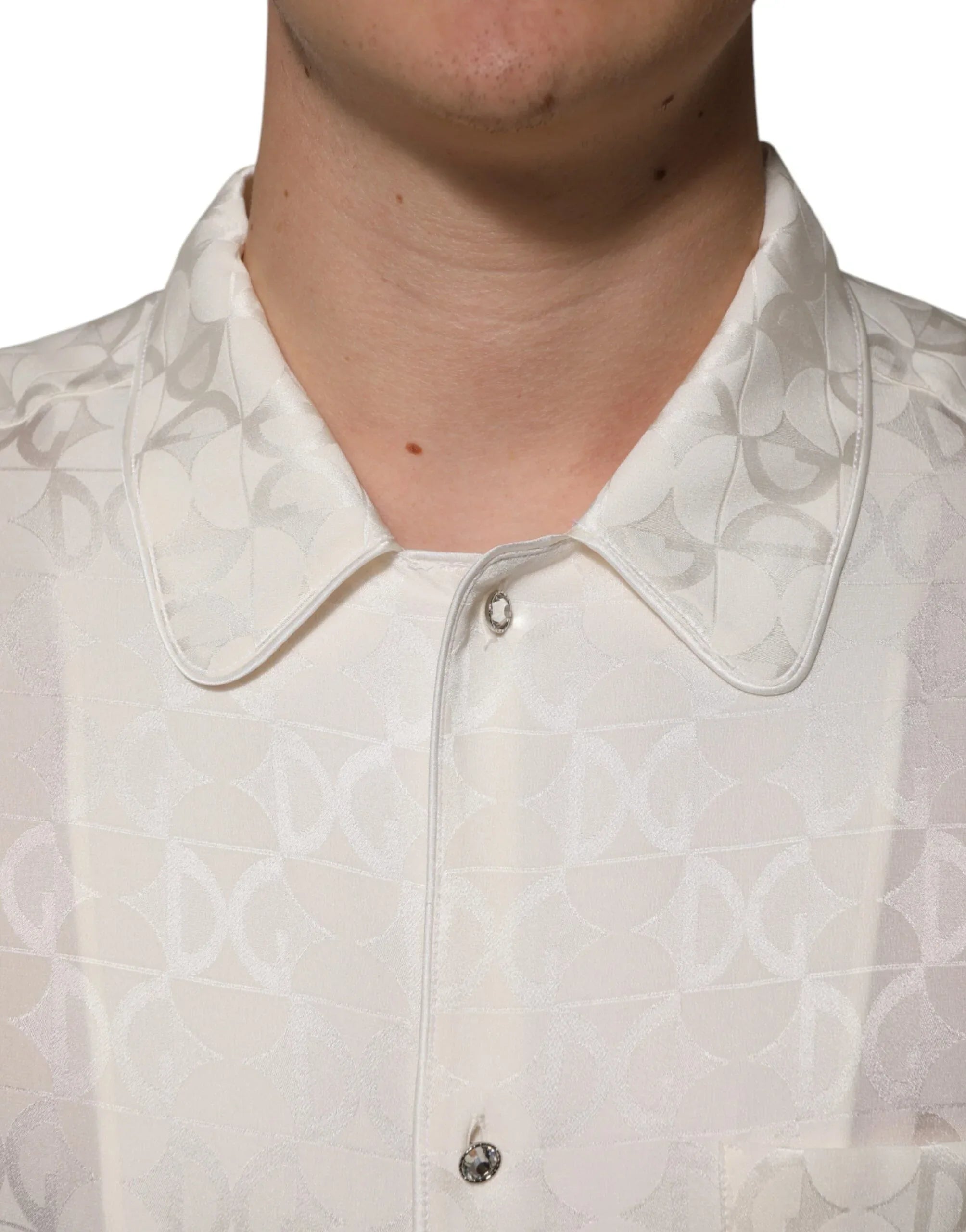 Dolce & Gabbana White Silk DG Logo Print Long Sleeves Shirt - Zeiniez