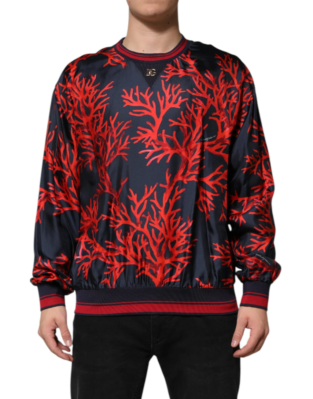 Dolce & Gabbana Navy Red Silk Coral Print Pullover Sweater - Zeiniez