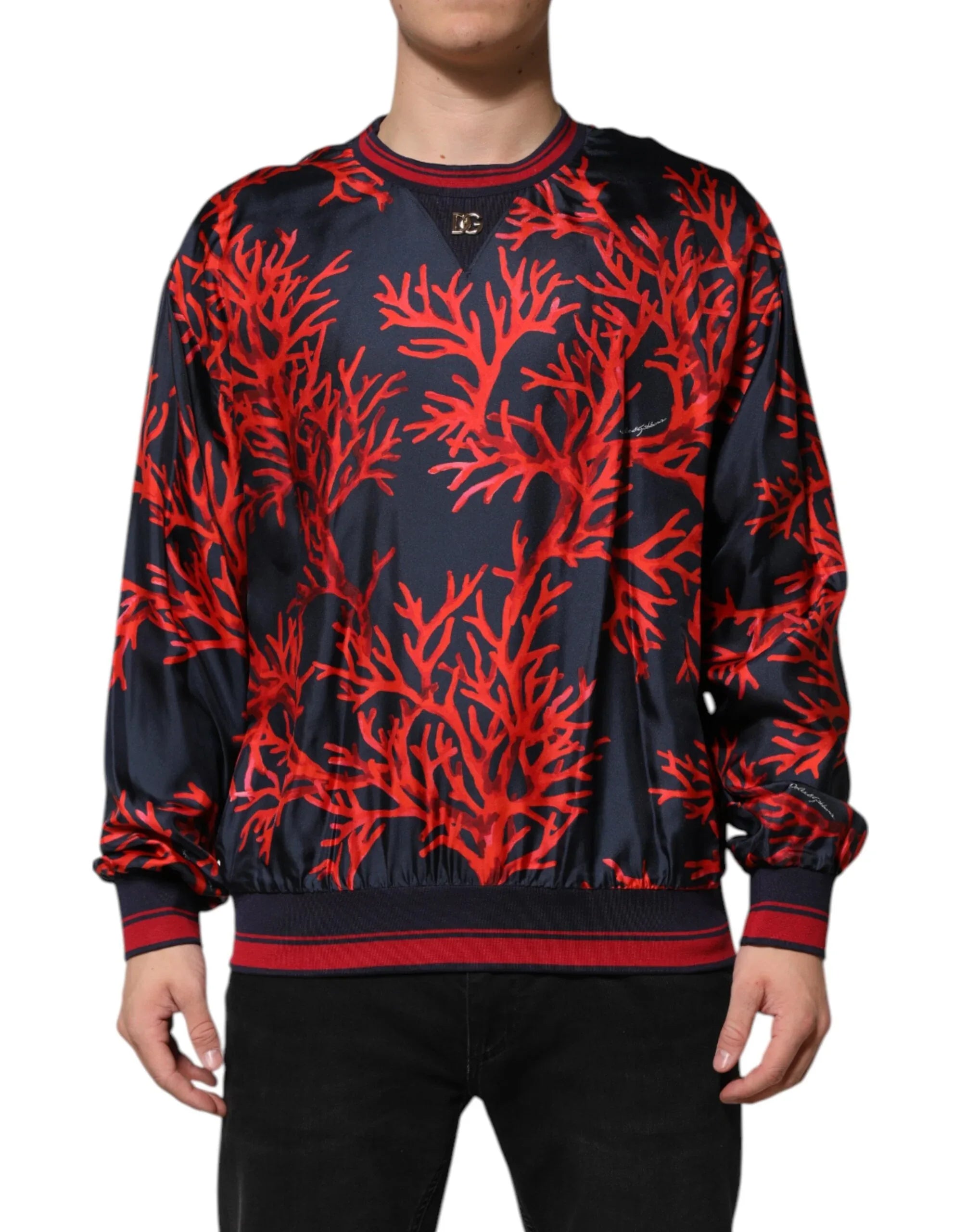 Dolce & Gabbana Navy Red Silk Coral Print Pullover Sweater - Zeiniez