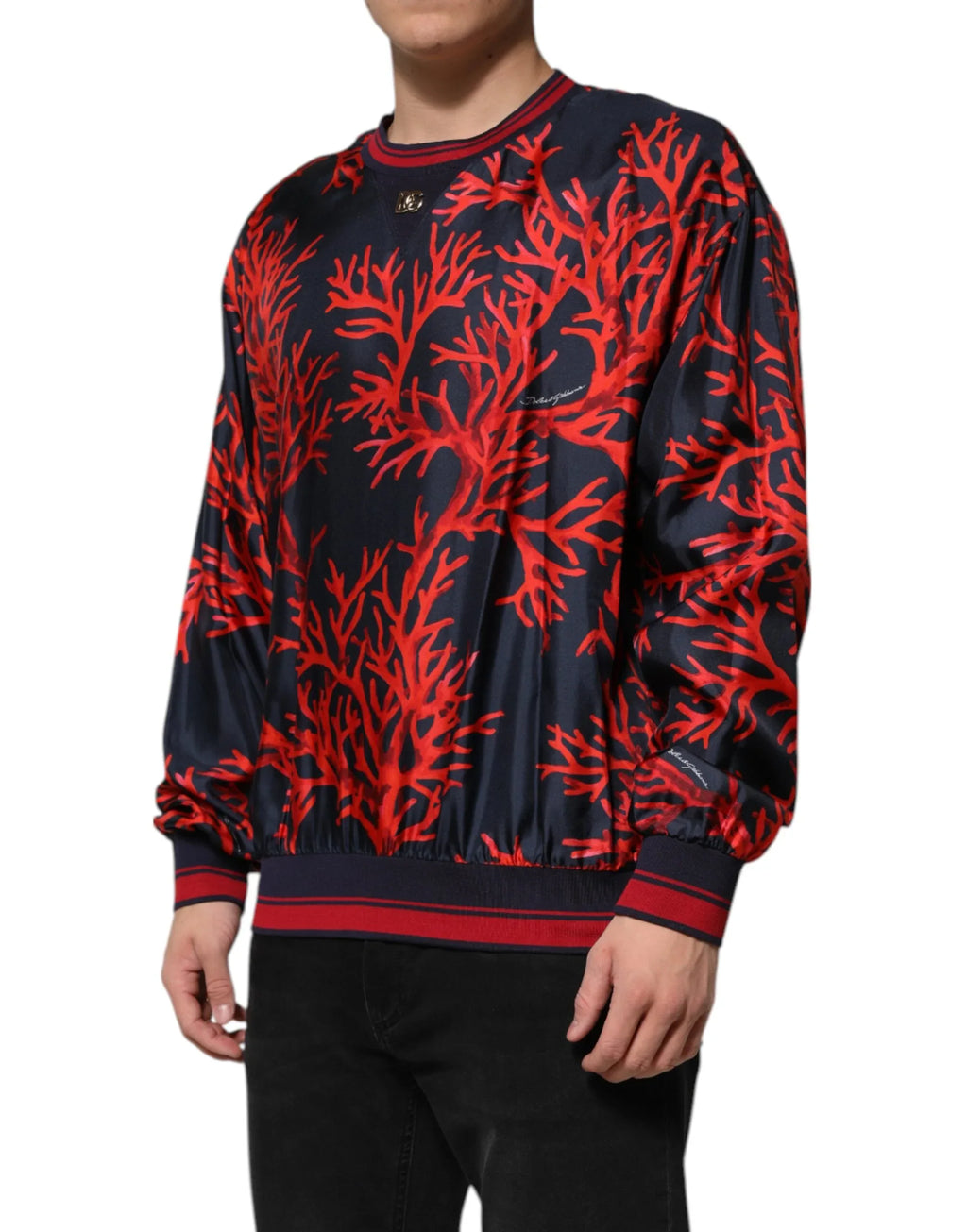Dolce & Gabbana Navy Red Silk Coral Print Pullover Sweater - Zeiniez