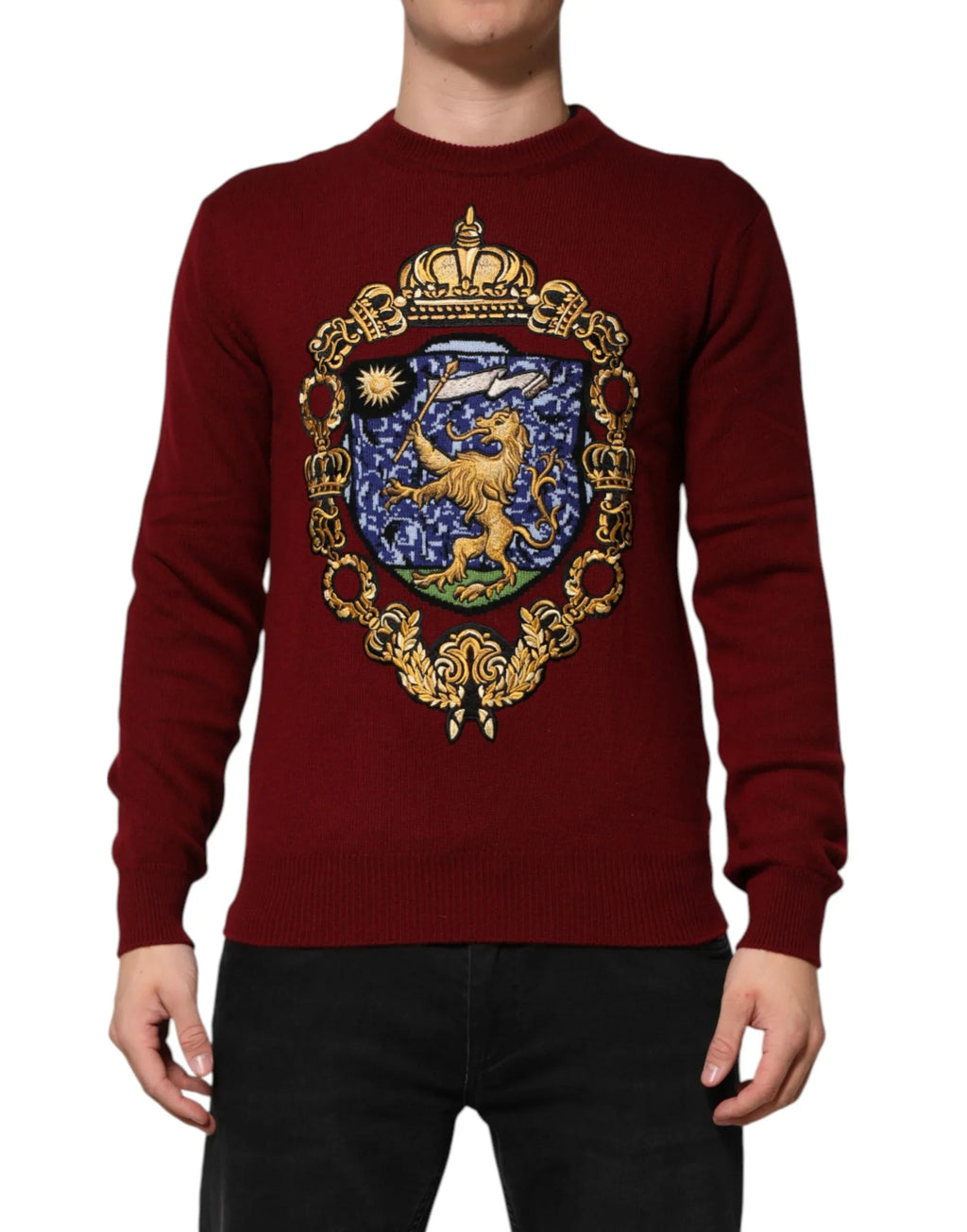Dolce & Gabbana Burgundy Cashmere Lion Crest Pullover Sweater - Zeiniez