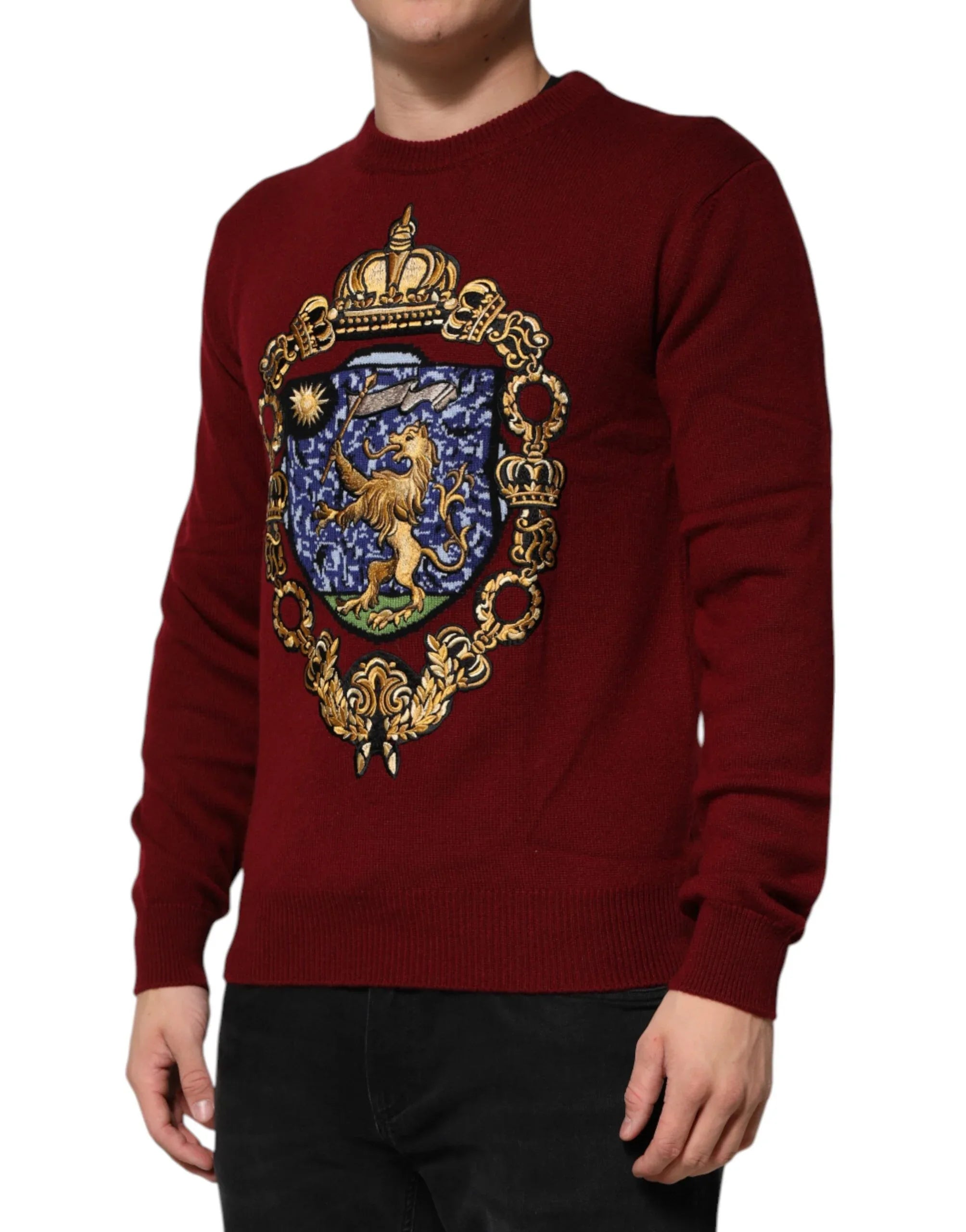 Dolce & Gabbana Burgundy Cashmere Lion Crest Pullover Sweater - Zeiniez
