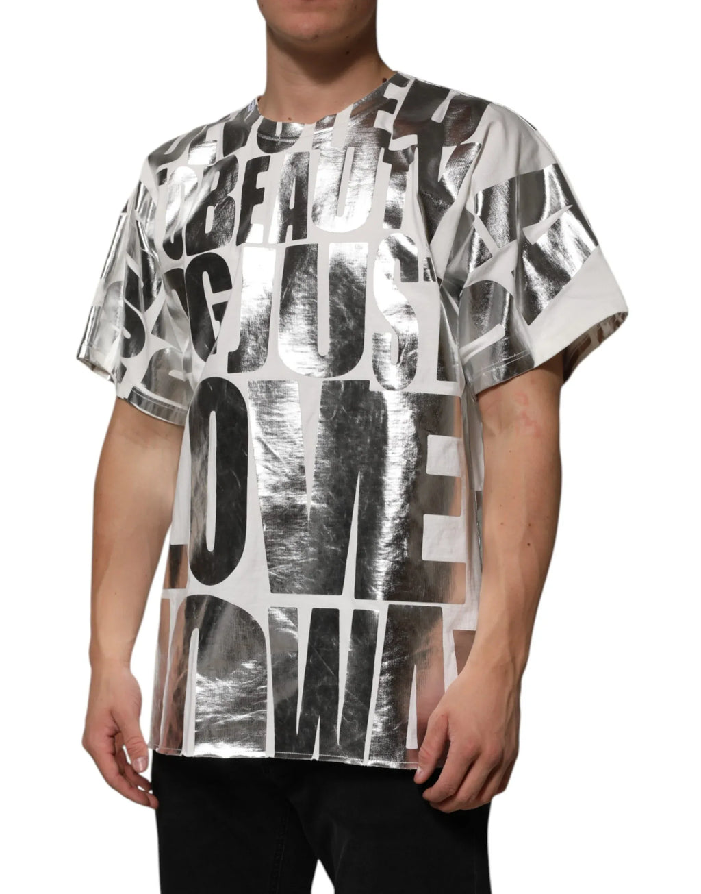 Dolce & Gabbana White Cotton Silver Metallic Slogan Print T-shirt - Zeiniez