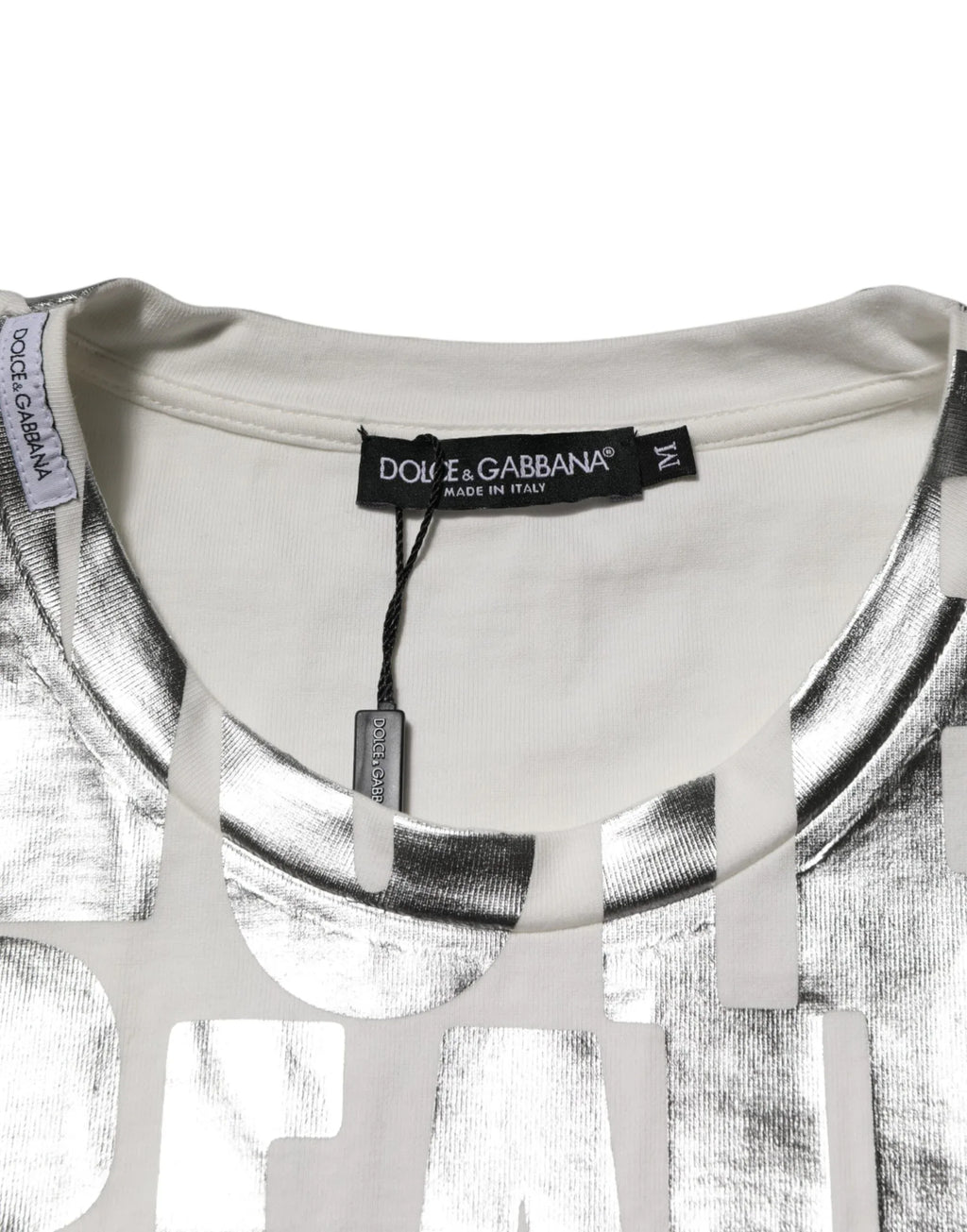 Dolce & Gabbana White Cotton Silver Metallic Slogan Print T-shirt - Zeiniez