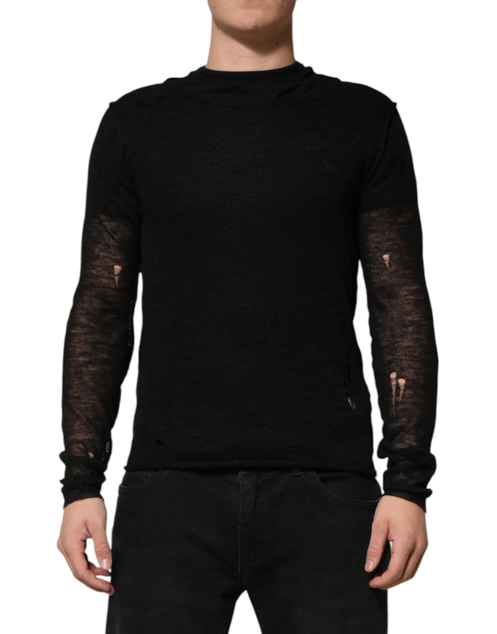 Dolce & Gabbana Black Linen Mesh Tattered Longsleeves T-shirt - Zeiniez