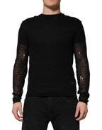 Dolce & Gabbana Black Linen Mesh Tattered Longsleeves T-shirt - Zeiniez