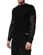 Dolce & Gabbana Black Linen Mesh Tattered Longsleeves T-shirt - Zeiniez