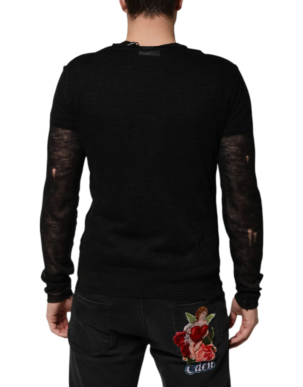 Dolce & Gabbana Black Linen Mesh Tattered Longsleeves T-shirt - Zeiniez
