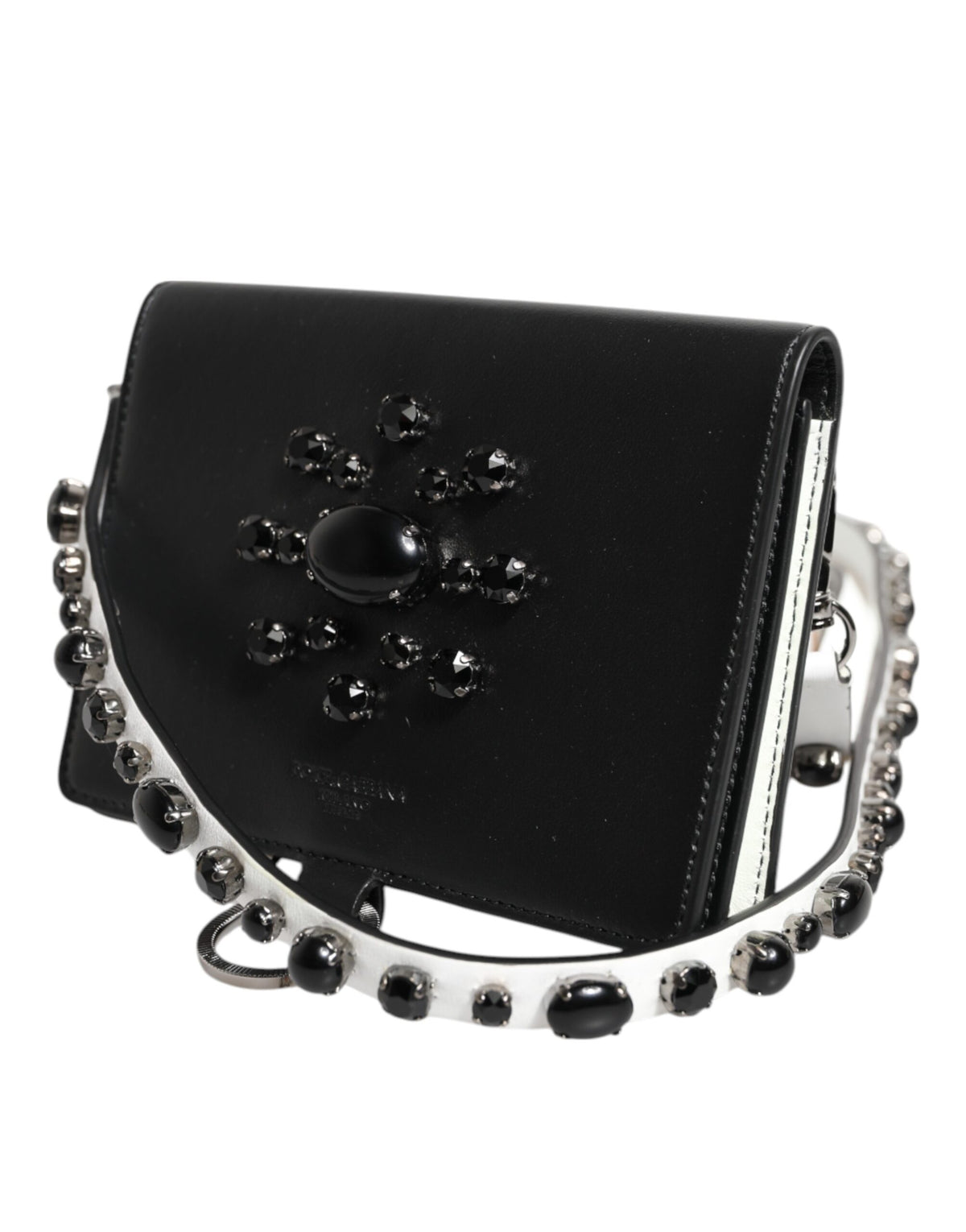 Dolce & Gabbana Black Leather Crystal Embellished Card Holder Wallet