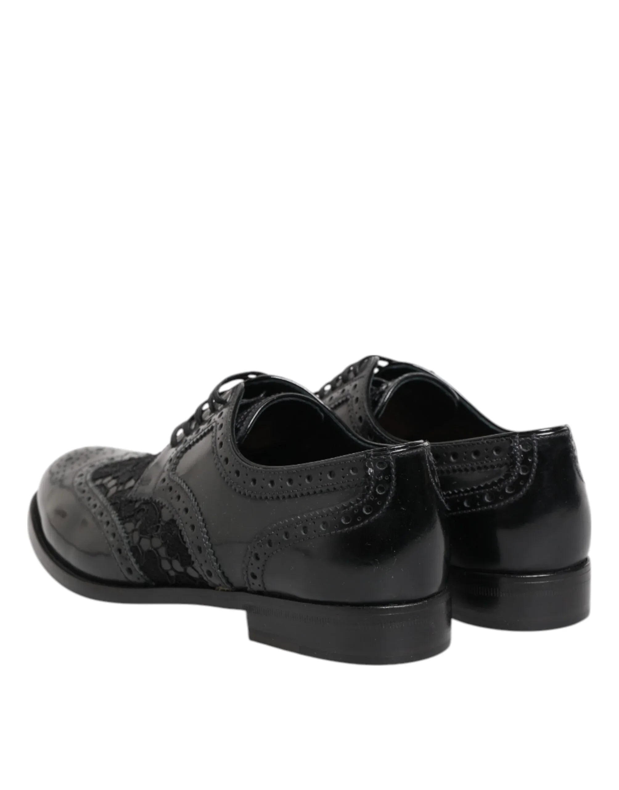 Dolce & Gabbana Black Leather Floral Lace Dress Formal Shoes - Zeiniez