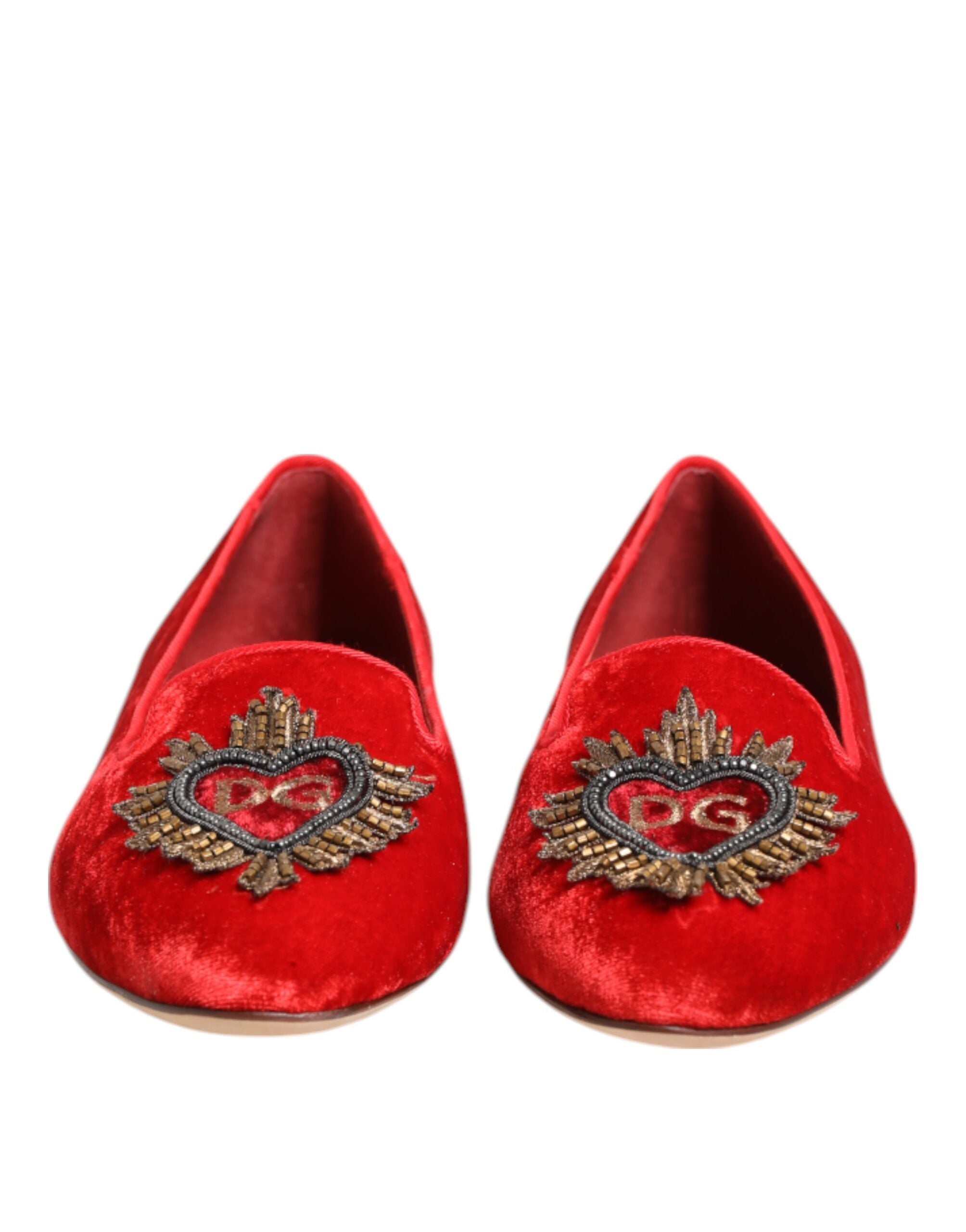 Dolce & Gabbana Red Velvet DG Heart Loafers Flat Shoes - Zeiniez