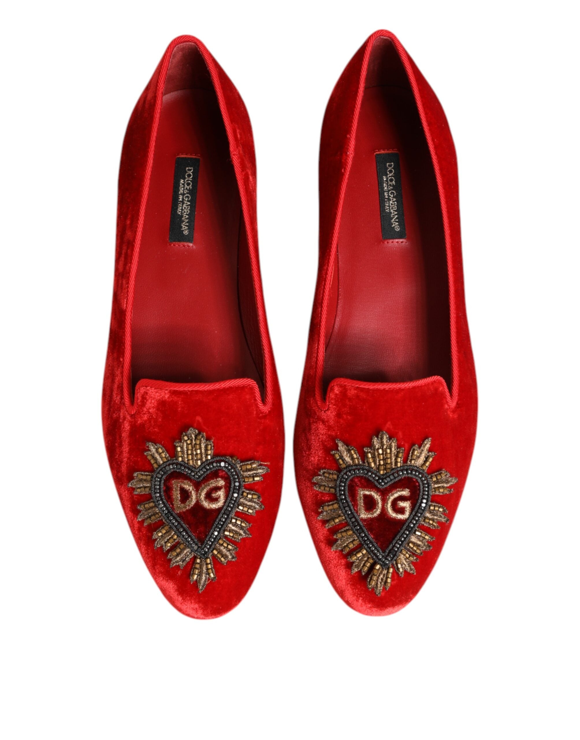 Dolce & Gabbana Red Velvet DG Heart Loafers Flat Shoes - Zeiniez