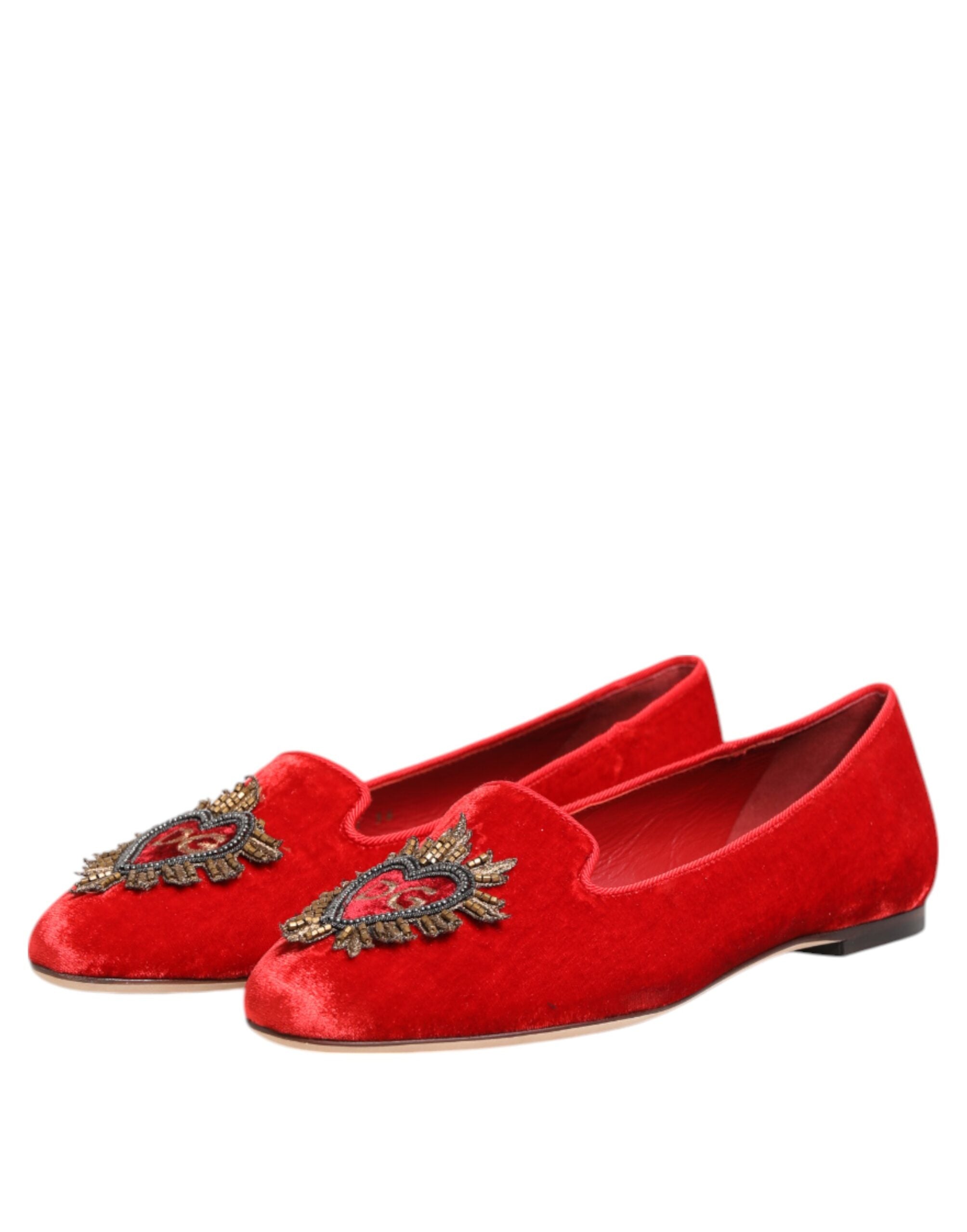 Dolce & Gabbana Red Velvet DG Heart Loafers Flat Shoes - Zeiniez