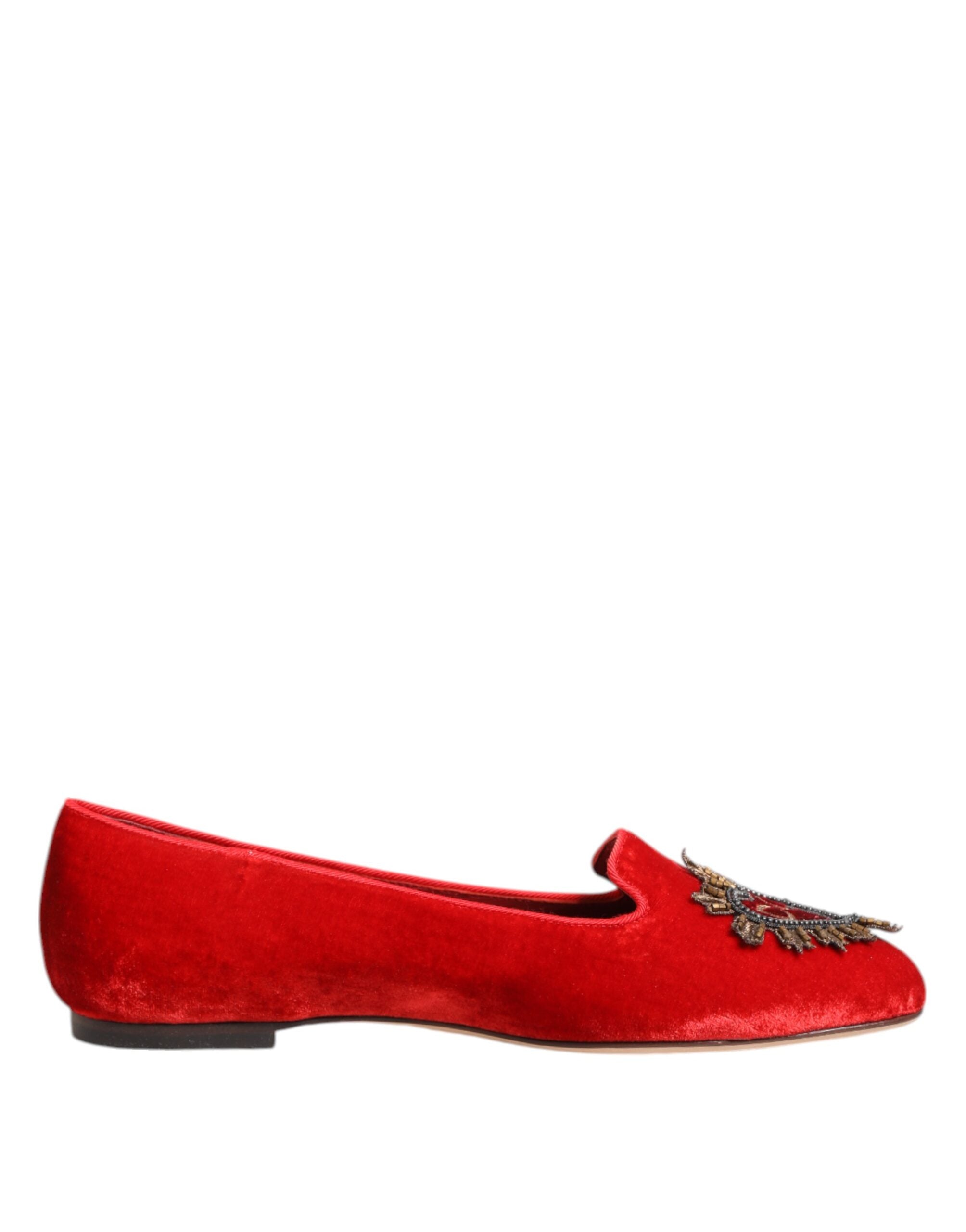 Dolce & Gabbana Red Velvet DG Heart Loafers Flat Shoes - Zeiniez