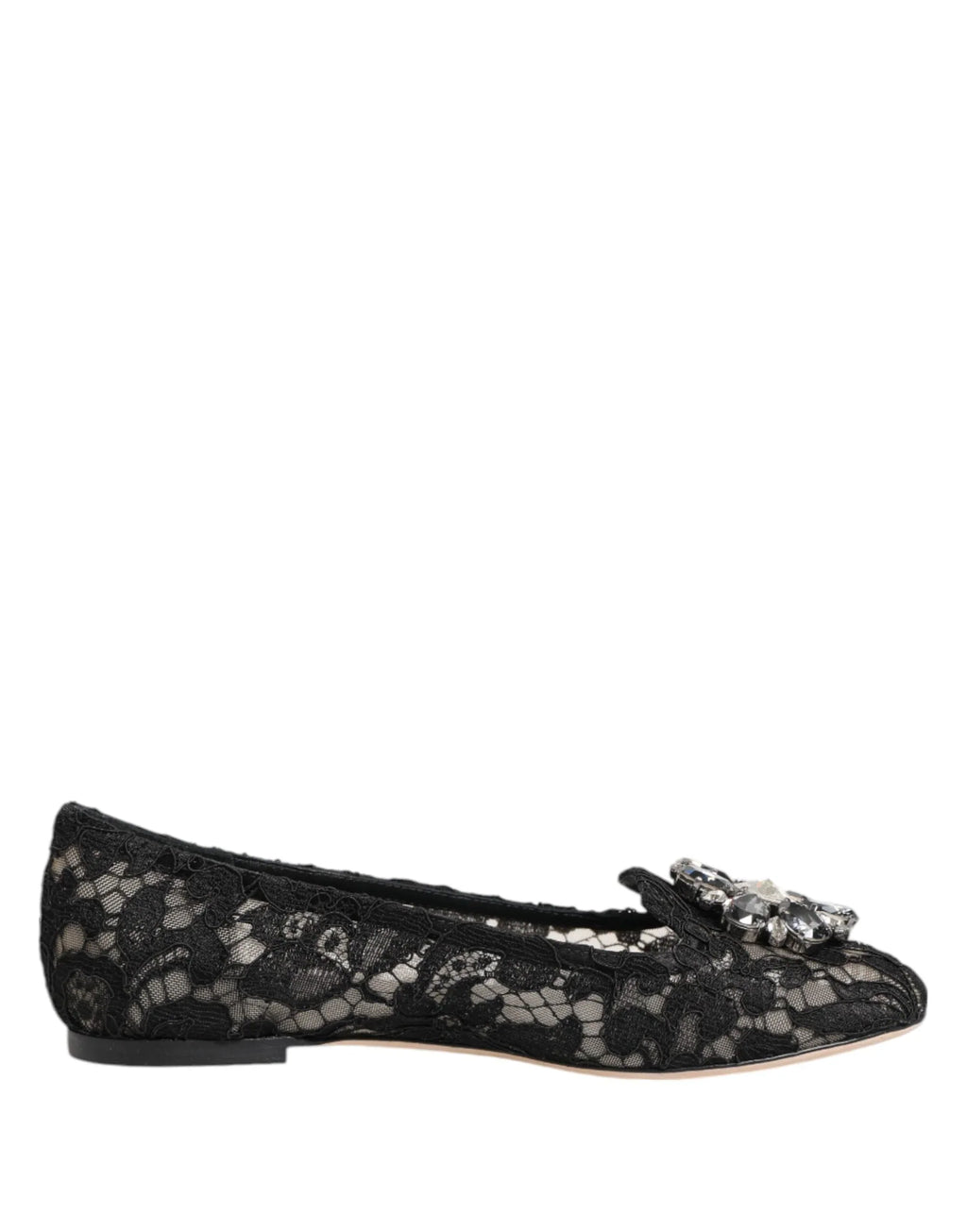 Dolce & Gabbana Black Taormina Lace Crystals Flats Shoes - Zeiniez
