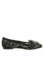 Dolce & Gabbana Black Taormina Lace Crystals Flats Shoes - Zeiniez