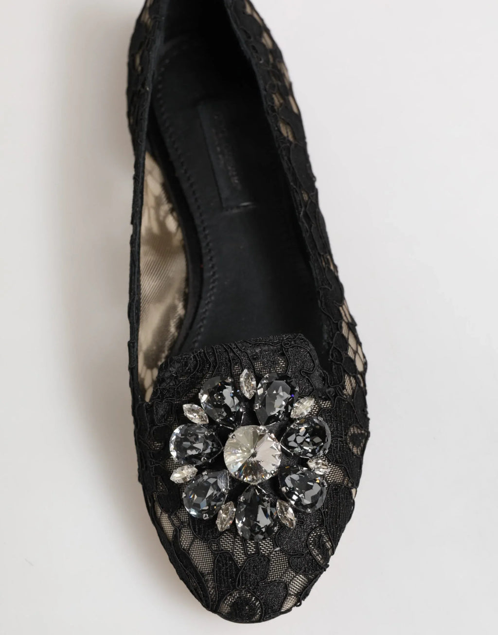 Dolce & Gabbana Black Taormina Lace Crystals Flats Shoes - Zeiniez