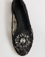Dolce & Gabbana Black Taormina Lace Crystals Flats Shoes - Zeiniez