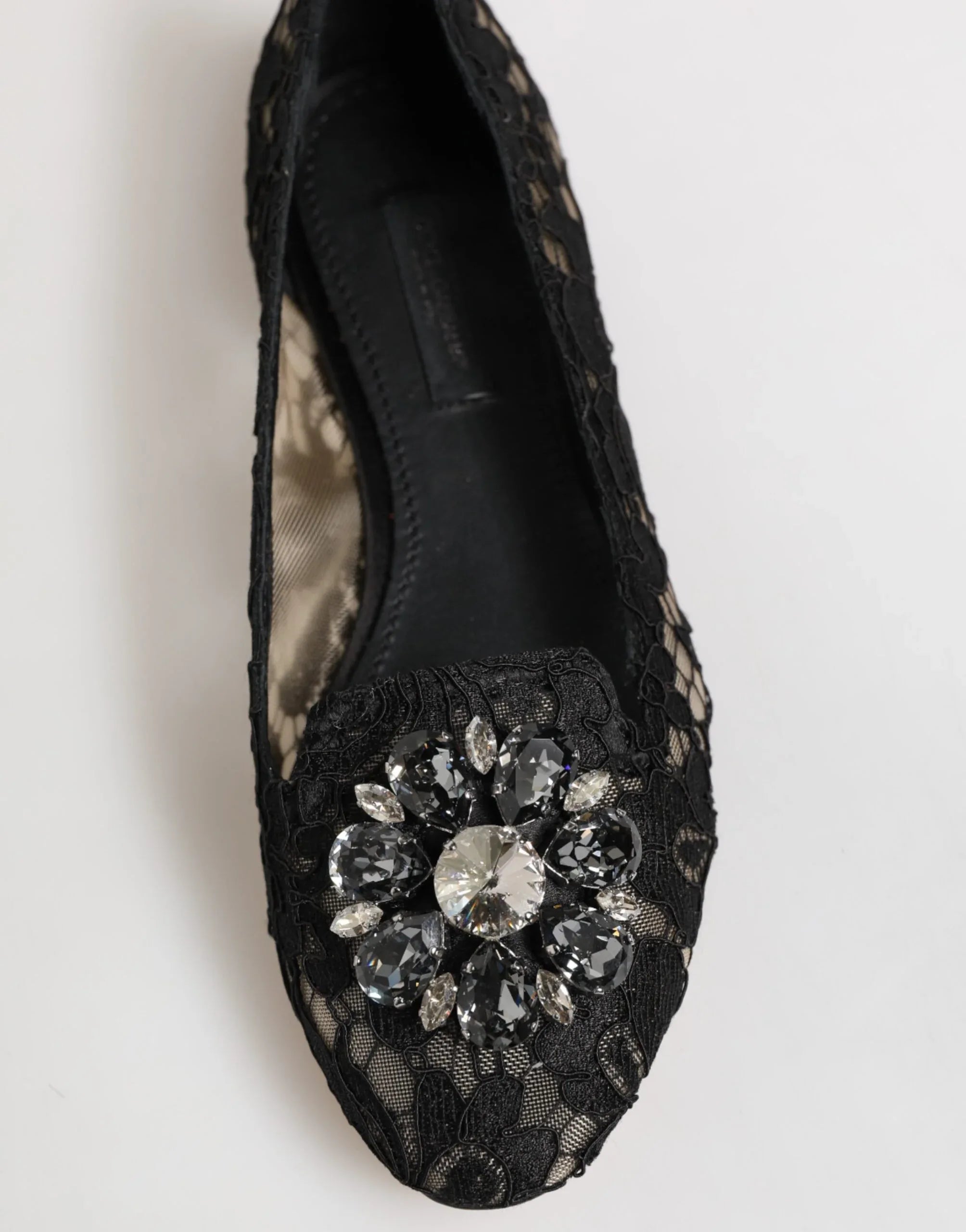 Dolce & Gabbana Black Taormina Lace Crystals Flats Shoes - Zeiniez
