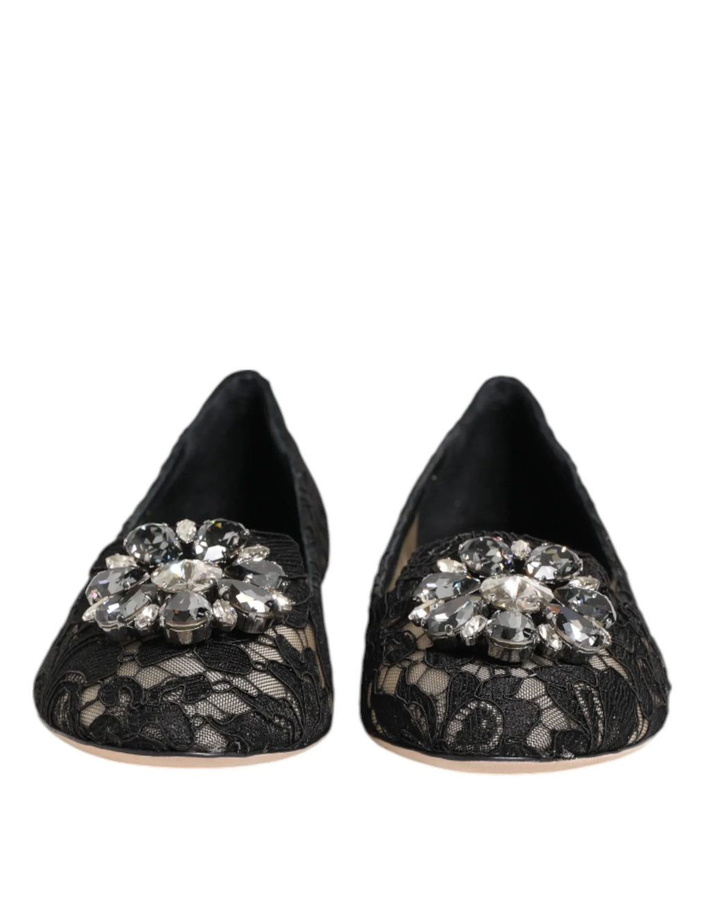 Dolce & Gabbana Black Taormina Lace Crystals Flats Shoes - Zeiniez