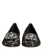 Dolce & Gabbana Black Taormina Lace Crystals Flats Shoes - Zeiniez