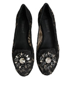 Dolce & Gabbana Black Taormina Lace Crystals Flats Shoes - Zeiniez