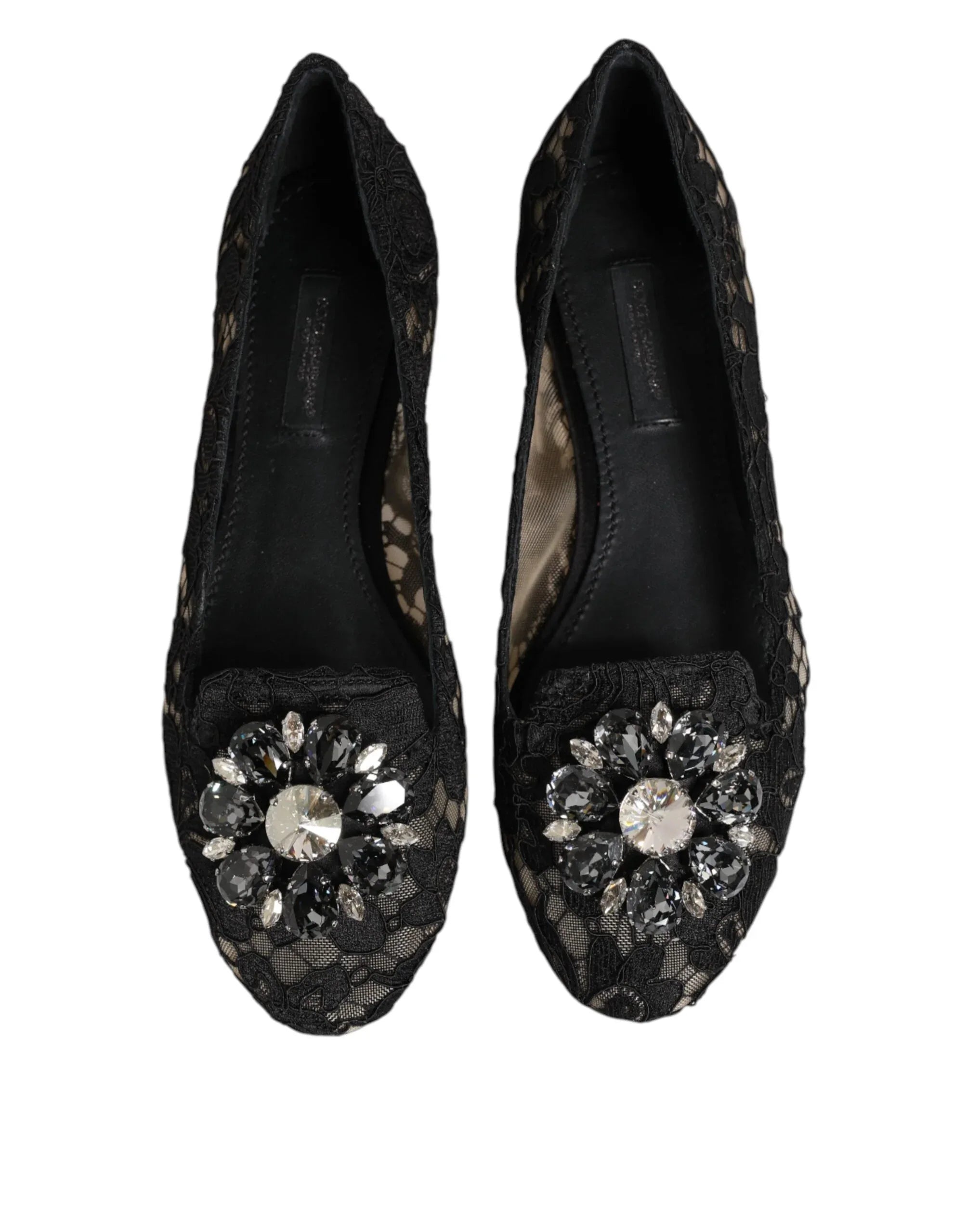 Dolce & Gabbana Black Taormina Lace Crystals Flats Shoes - Zeiniez
