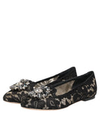 Dolce & Gabbana Black Taormina Lace Crystals Flats Shoes - Zeiniez