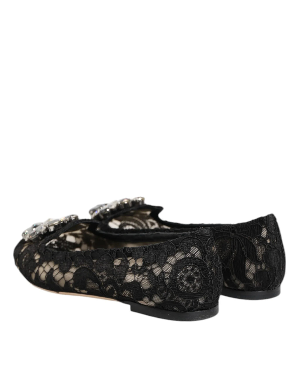 Dolce & Gabbana Black Taormina Lace Crystals Flats Shoes - Zeiniez
