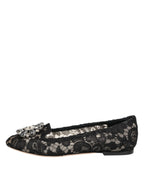 Dolce & Gabbana Black Taormina Lace Crystals Flats Shoes - Zeiniez