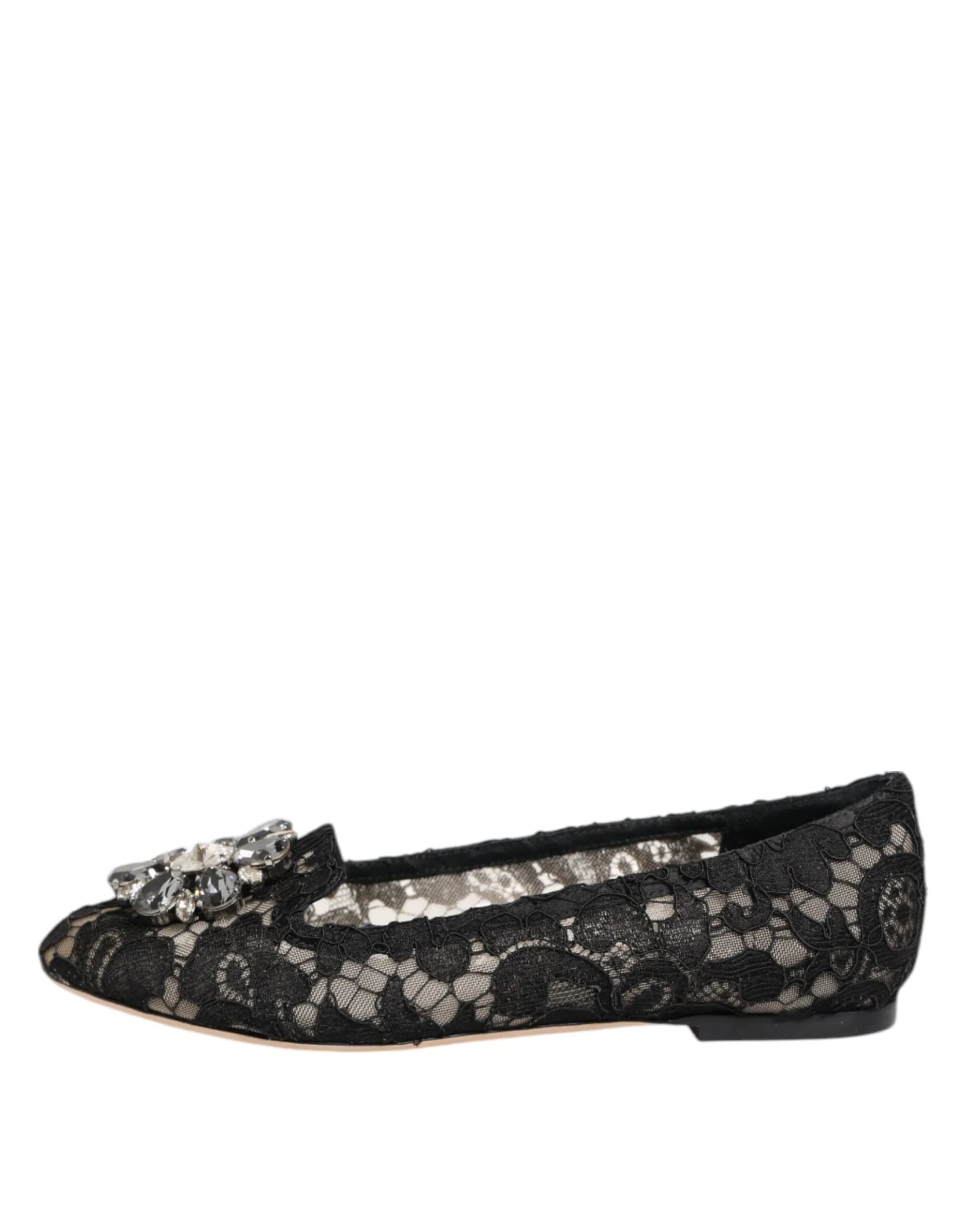 Dolce & Gabbana Black Taormina Lace Crystals Flats Shoes - Zeiniez