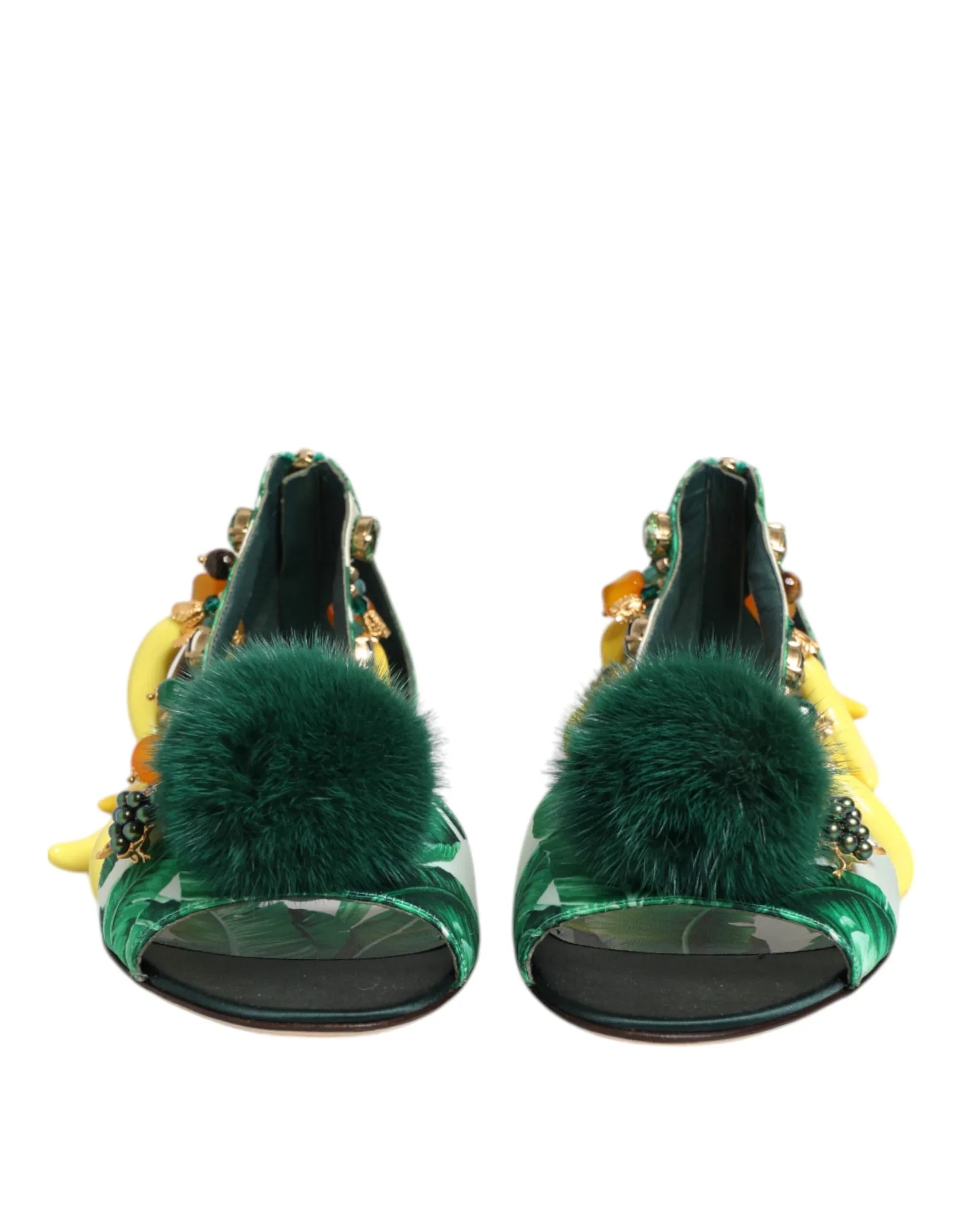 Dolce & Gabbana Green Mink Fur Satin Banana Leaf Sandals Shoes - Zeiniez