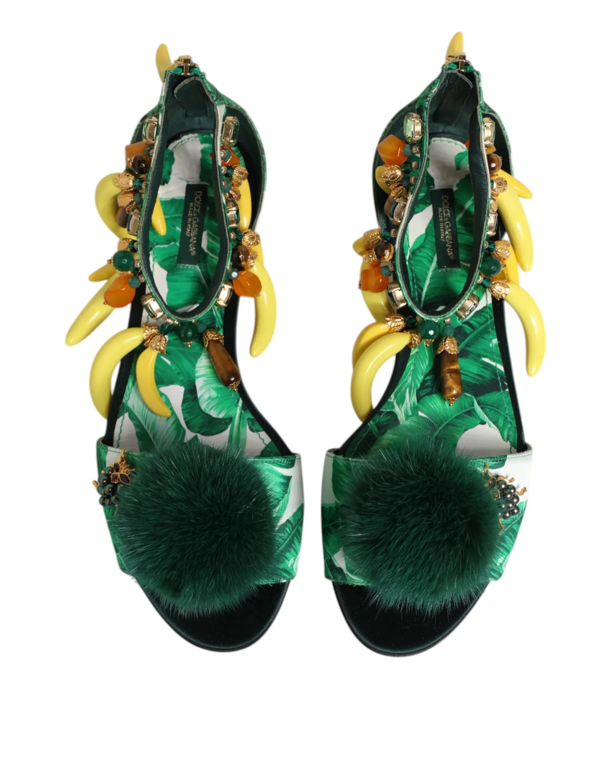 Dolce & Gabbana Green Mink Fur Satin Banana Leaf Sandals Shoes - Zeiniez