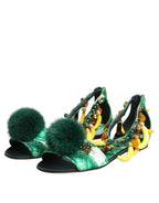 Dolce & Gabbana Green Mink Fur Satin Banana Leaf Sandals Shoes - Zeiniez