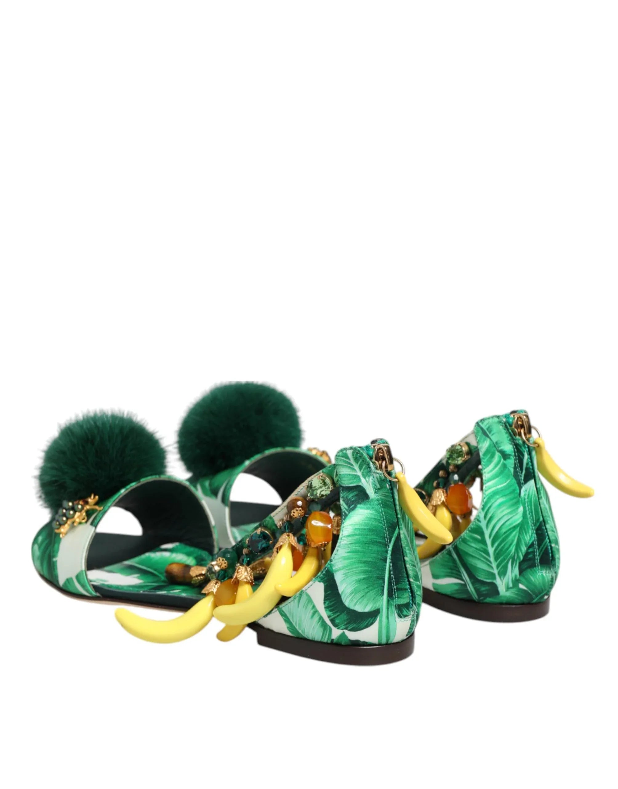 Dolce & Gabbana Green Mink Fur Satin Banana Leaf Sandals Shoes - Zeiniez