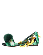 Dolce & Gabbana Green Mink Fur Satin Banana Leaf Sandals Shoes - Zeiniez