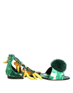 Dolce & Gabbana Green Mink Fur Satin Banana Leaf Sandals Shoes - Zeiniez