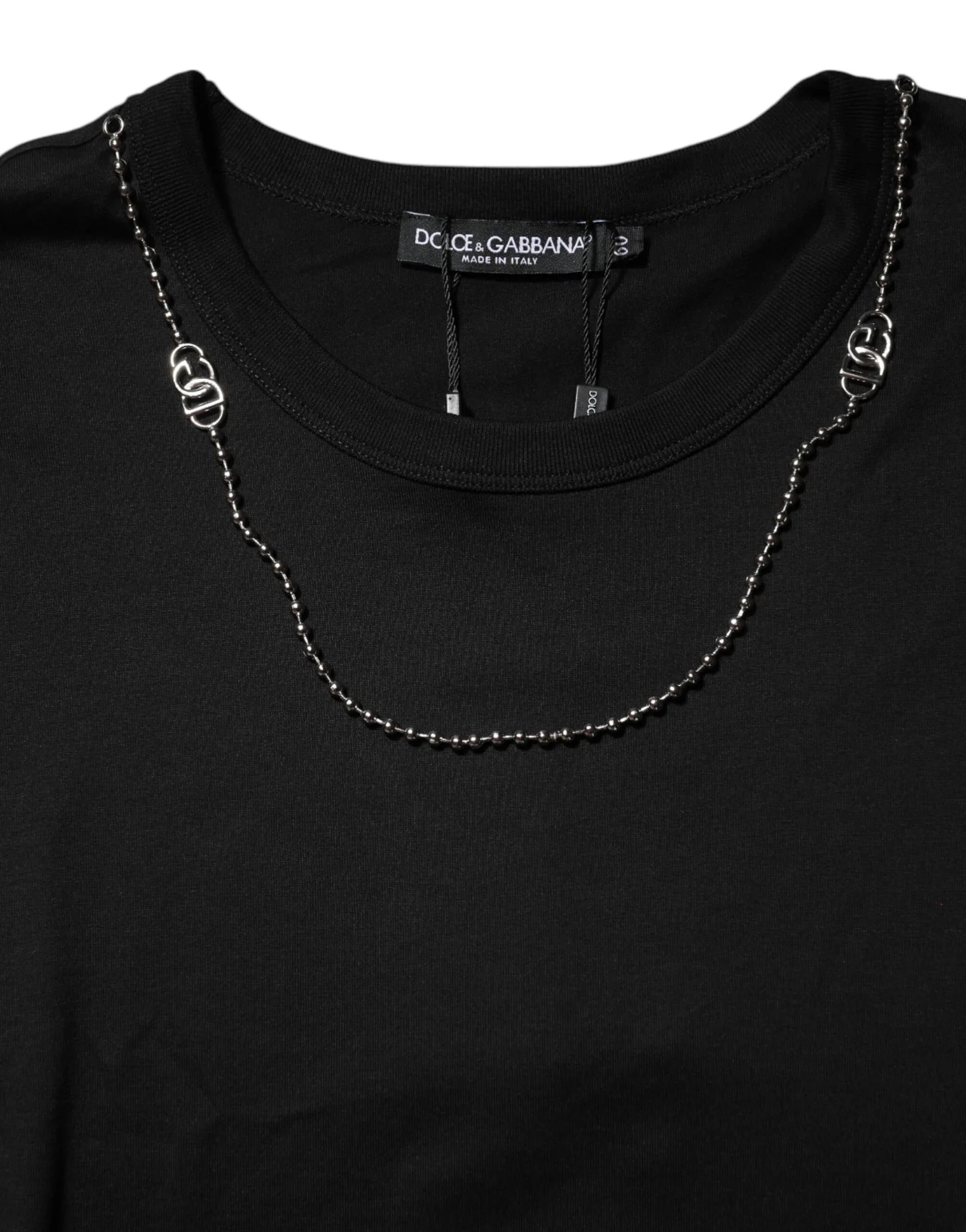 Dolce & Gabbana Black Chain Necklace Cotton Crewneck T-shirt - Zeiniez
